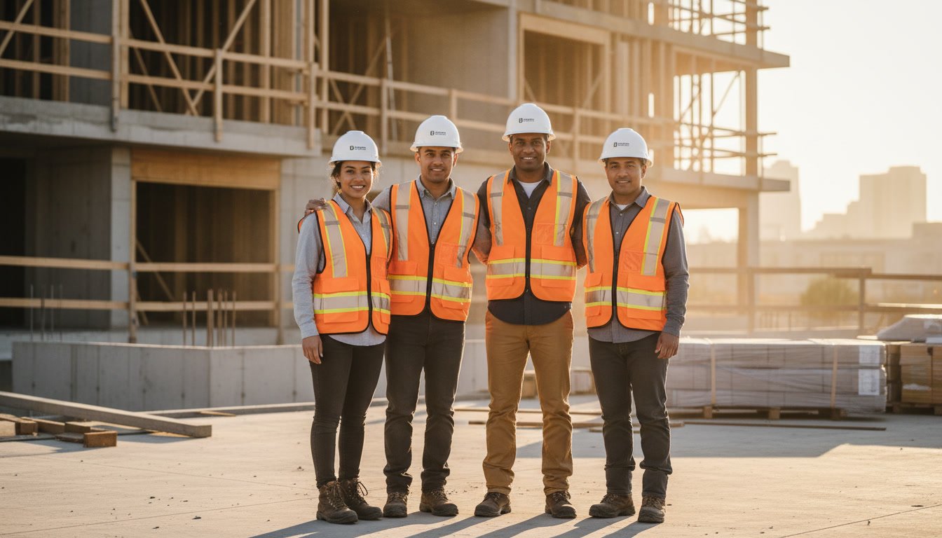 gemini 2.5 flash image a cinematic professional scene of a small construction team standing together at 0