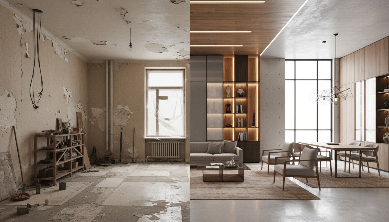 gemini 2.5 flash image a split scene interior showing a before and after renovation transformation. on 0